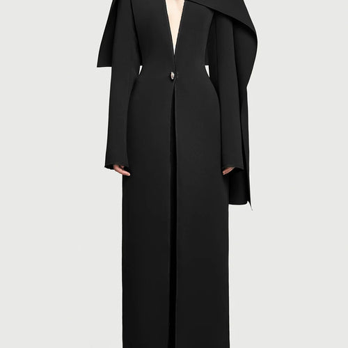 Load image into Gallery viewer, Solid Spliced Button Slimming Jackets For Women V Neck Long Sleeve High Waist Temperament Long Coat Female Fshion
