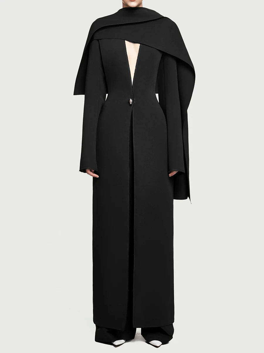 Solid Spliced Button Slimming Jackets For Women V Neck Long Sleeve High Waist Temperament Long Coat Female Fshion