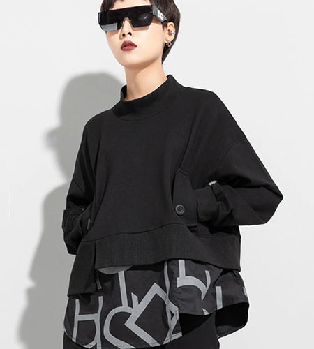 Women Big Size White Letter Iregular Spliced T-shirt New Stand Collar Long Sleeve  Fashion Tide Spring Autumn 2025 1DD0232