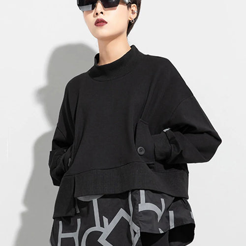 Load image into Gallery viewer, Women Big Size White Letter Iregular Spliced T-shirt New Stand Collar Long Sleeve  Fashion Tide Spring Autumn 2025 1DD0232
