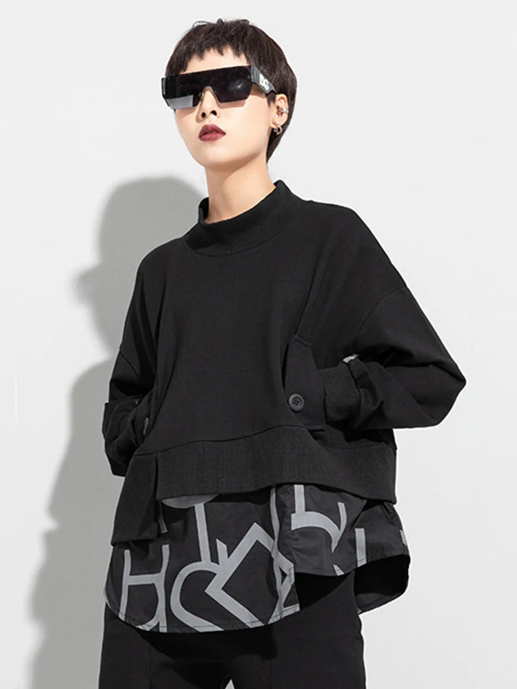 Women Big Size White Letter Iregular Spliced T-shirt New Stand Collar Long Sleeve  Fashion Tide Spring Autumn 2025 1DD0232