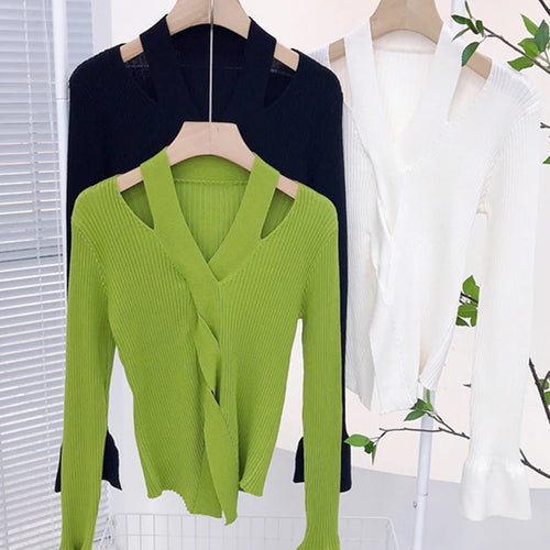 Load image into Gallery viewer, Women&#39;s Blouse Chic Hollow out Sexy knitted Pullovers for Autumn Female Korean Clothing Solid Full Sleeve Bottoming Shirt C-080
