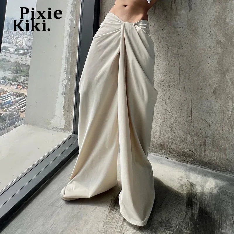 Asymmetrical Twist Low Waisted Baggy Pants Casual Wide Leg Pants White Black Trousers Womens Clothing 2024  P77-CI40