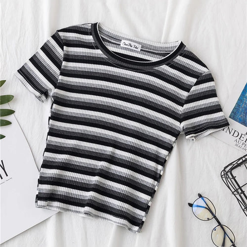 Load image into Gallery viewer, New T Shirt Women Rainbow Striped Tops Slim Fit t shirt Harajuku Tshirt Summer Short Sleeve Korean T-shirt feminina Clothes Tops
