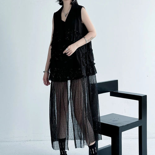 Load image into Gallery viewer, Women Black Singles Breasted Mesh Big Size Midi Vest Dress New Lapel Sleeveless Fashion Tide Spring Autumn 2025 1DJ1041
