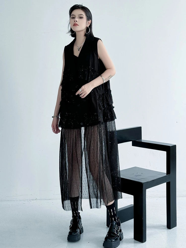 Women Black Singles Breasted Mesh Big Size Midi Vest Dress New Lapel Sleeveless Fashion Tide Spring Autumn 2025 1DJ1041