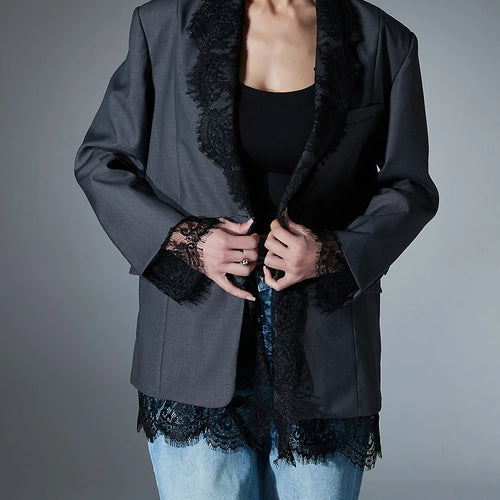 Load image into Gallery viewer, Loose Spliced Lace Fashion Blazers for Women Lapel Long Sleeves Patchwork Pockets Elegant Blazer Female Clothes New
