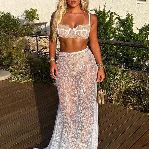 Load image into Gallery viewer, Sexy Lace Metal Zipper Two Piece Women's Tight Fit Bikini Top Elegant And Transparent Maxi Female Skirt Beach Party Suit
