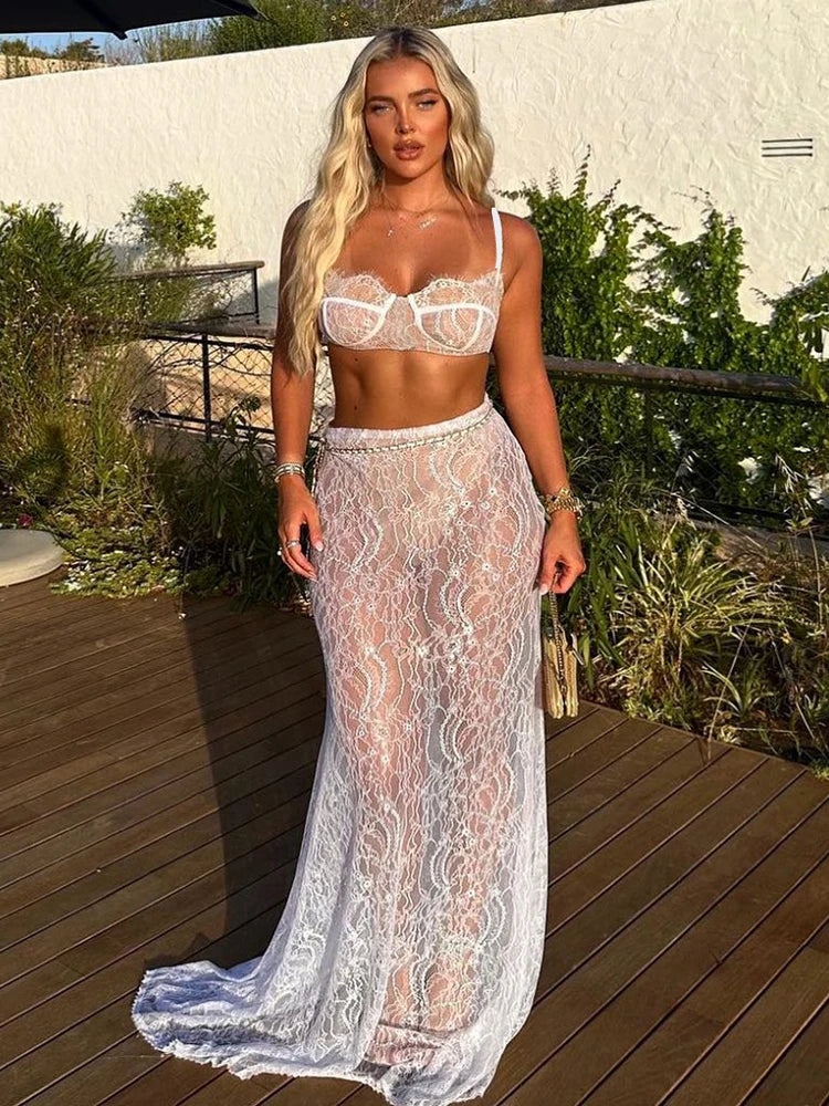 Sexy Lace Metal Zipper Two Piece Women's Tight Fit Bikini Top Elegant And Transparent Maxi Female Skirt Beach Party Suit