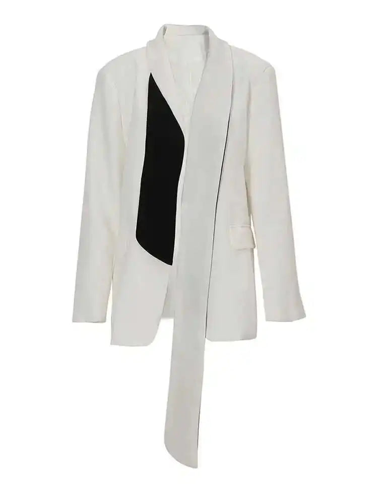 Women Black Ribbon Big Size Color-block Blazer New Lapel Long Sleeve Loose Fit Jacket Fashion Spring Autumn 2025 1DF3066
