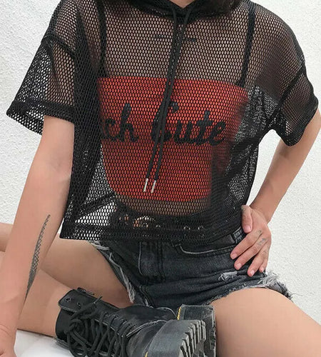 Womens Hollow Mesh Net Hooded T-Shirt Short Sleeve Tee Tops Transparent Black Swxy Clubwear Party