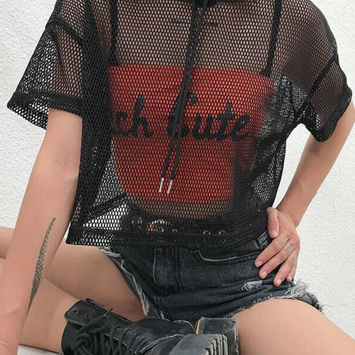 Load image into Gallery viewer, Womens Hollow Mesh Net Hooded T-Shirt Short Sleeve Tee Tops Transparent Black Swxy Clubwear Party
