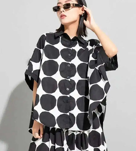 Women Black Dot Printed Big Size Blouse New Lapel Three-quarter Sleeve Loose Fit Shirt Fashion Spring Summer 2025 1DE6982
