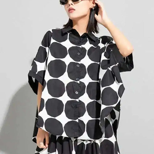 Load image into Gallery viewer, Women Black Dot Printed Big Size Blouse New Lapel Three-quarter Sleeve Loose Fit Shirt Fashion Spring Summer 2025 1DE6982
