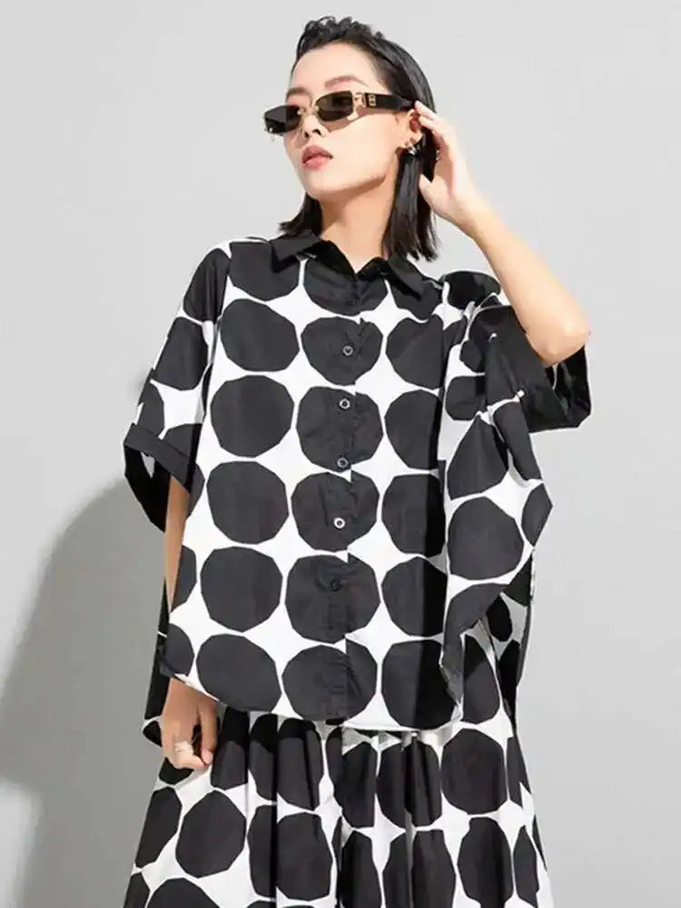 Women Black Dot Printed Big Size Blouse New Lapel Three-quarter Sleeve Loose Fit Shirt Fashion Spring Summer 2025 1DE6982