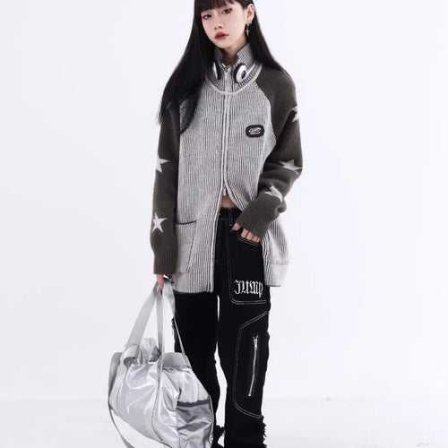 Load image into Gallery viewer, Y2k Harajuku Streetwear Star Graphics Sweaters Korean Grunge Zip Up Knitted Tops American Vintage Grey Cardigans Women
