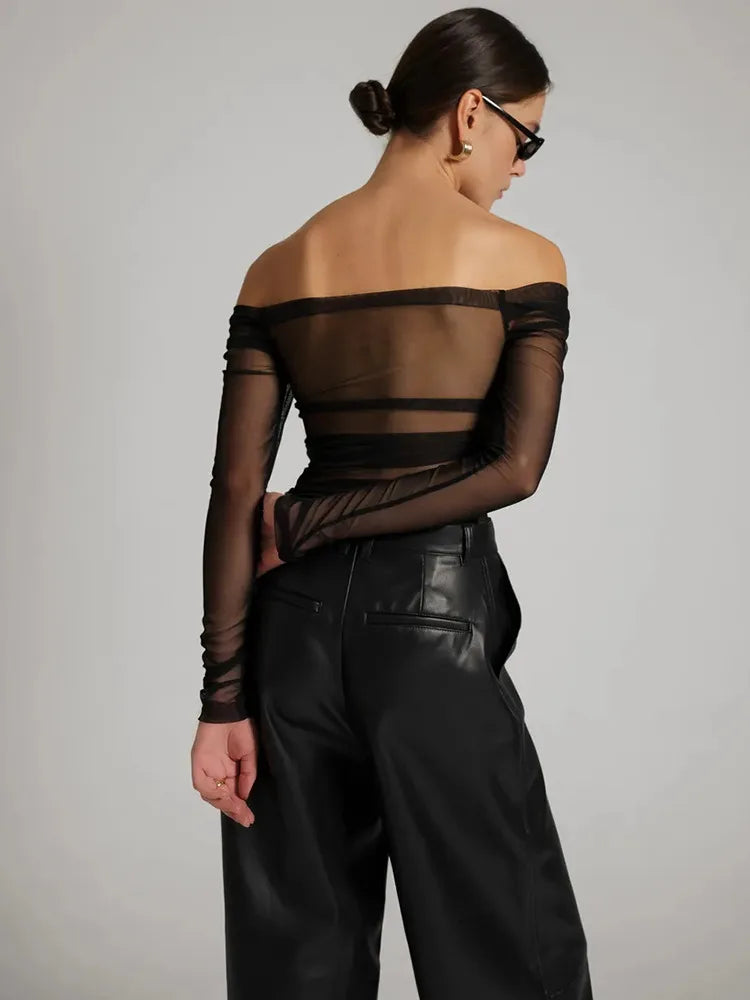 Summer Mesh Off-shoulder T-shirt Women Fashion Pleated Bust Backless Tees Tops Female Elegant Strapless See Through Top