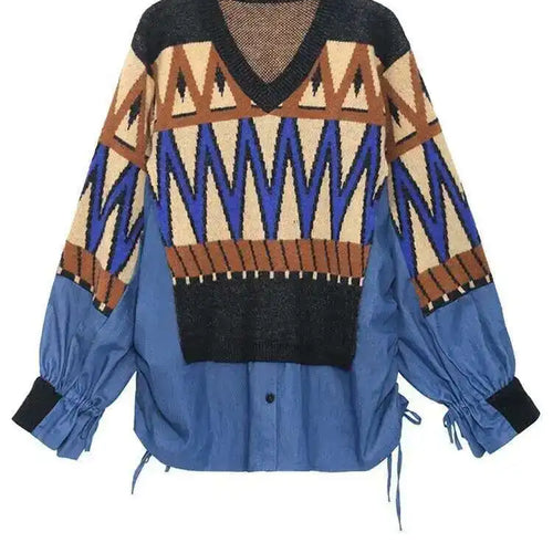 Load image into Gallery viewer, Pattern Denim Big Size Knitting Sweater Round Neck Long Sleeve Women Pullovers New Fashion Spring Autumn 2025  1DH0152
