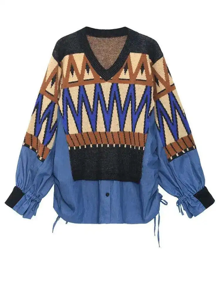 Pattern Denim Big Size Knitting Sweater Round Neck Long Sleeve Women Pullovers New Fashion Spring Autumn 2025  1DH0152