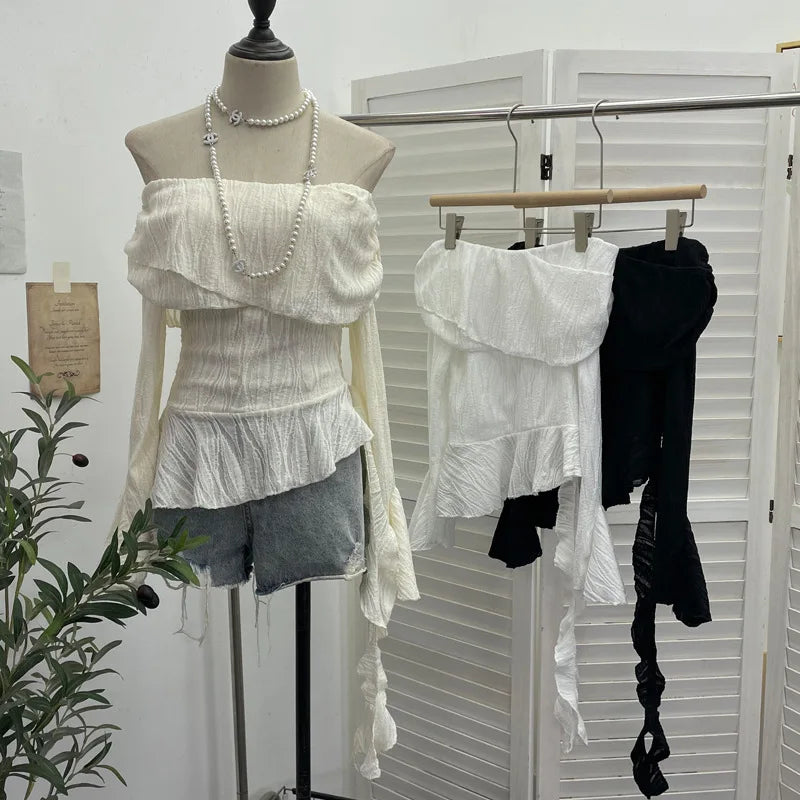 Harajuku Slash Neck Pleated Women Y2k Aesthetic Tops Y2k Aesthetic Irregular Ruffled T-shirt Grunge Sexy Flare Sleeve Fairy Tops