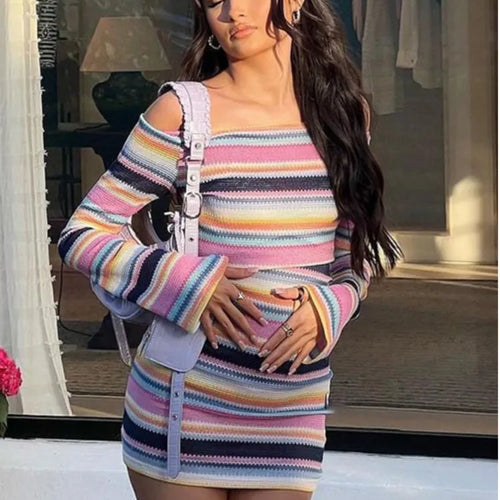 Load image into Gallery viewer, Autumn Sexy Contrast Stripe Long Sleeve Slim Fit Dress For Women One Line Neck Elastic Bodycon Party Club Evening Dress
