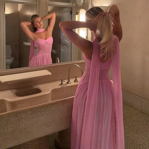 Load image into Gallery viewer, Scarf Collar Backless Sexy Maxi Dress For Women Gown Pink Strapless Off-shoulder Backless Mesh Long Dress Vestido
