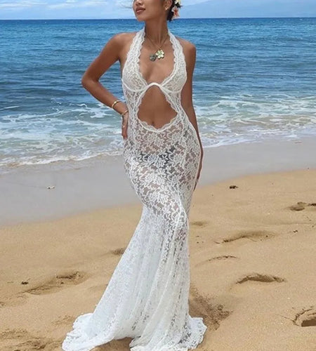 Sexy Lace Sleeveless Autumn 2024 Women New Dress Women Temperament Lace Hanging Collar Long Sexy Backless Evening Dress