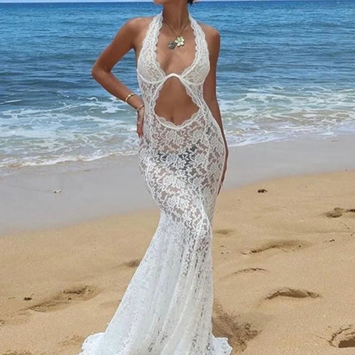 Load image into Gallery viewer, Sexy Lace Sleeveless Autumn 2024 Women New Dress Women Temperament Lace Hanging Collar Long Sexy Backless Evening Dress
