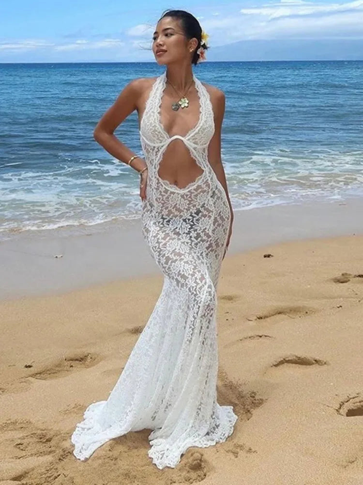 Sexy Lace Sleeveless Autumn 2024 Women New Dress Women Temperament Lace Hanging Collar Long Sexy Backless Evening Dress