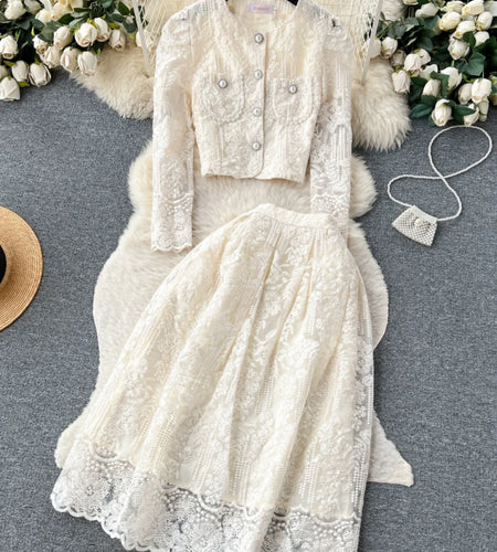 Vintage Elegant Two Piece Set Women Solid Lace Round Neck Long Sleeve Button Short Tops And High Waist Pleated Midi Skirt Autumn