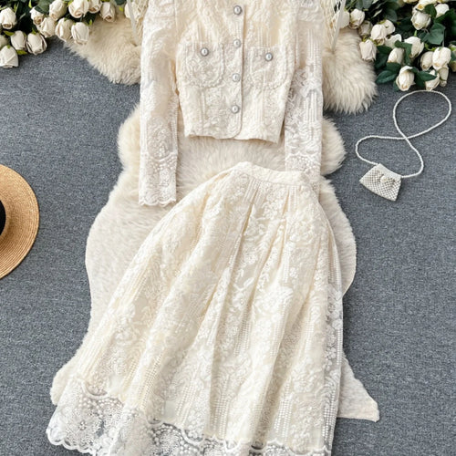 Load image into Gallery viewer, Vintage Elegant Two Piece Set Women Solid Lace Round Neck Long Sleeve Button Short Tops And High Waist Pleated Midi Skirt Autumn
