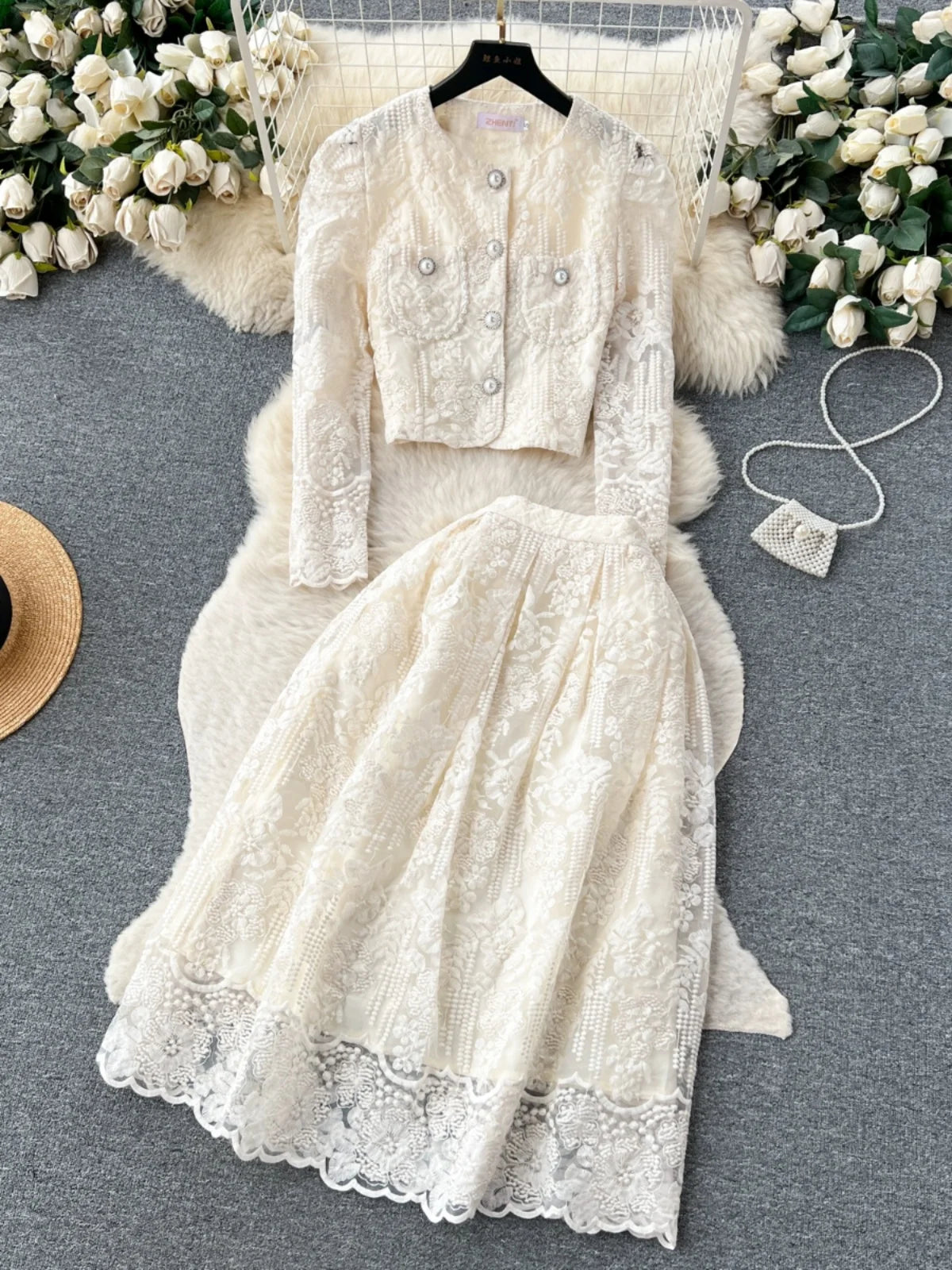 Vintage Elegant Two Piece Set Women Solid Lace Round Neck Long Sleeve Button Short Tops And High Waist Pleated Midi Skirt Autumn
