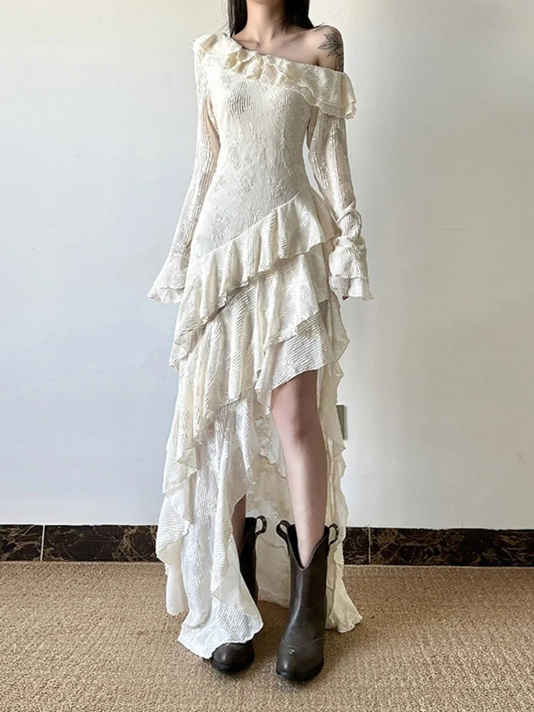 Women Apricot Ruffles Irregular Slim Elegant Long Dress New Diagonal Collar Long Sleeve Fashion Spring Autumn 2025 1DJ0523