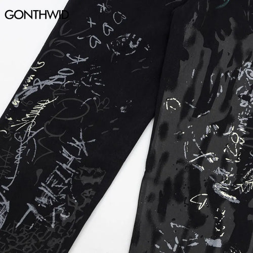 Load image into Gallery viewer, Hip Hop Black Jeans Y2K Men Graffiti Print Straight Wide Baggy Loose Denim Pants Streetwear 2023 Harajuku Fashion Punk Trousers
