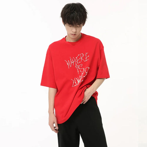 Load image into Gallery viewer, Summer Men&#39;s T-shirts Pearl Letter Printing Casual Tops Round Neck Short Sleeve Loose Male Tees Simple 9C6520
