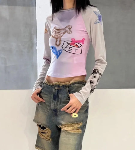 Y2k Graffiti Print T-shirt Korean Style Patchwork Mesh Tops Kpop Fashion Long Sleeve Crop Tops Japanese Harajuku Tshirt