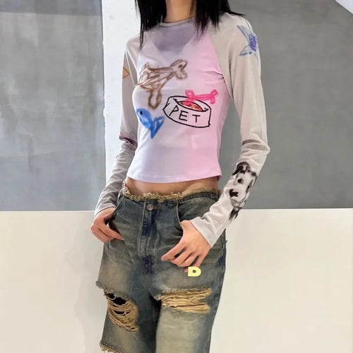 Load image into Gallery viewer, Y2k Graffiti Print T-shirt Korean Style Patchwork Mesh Tops Kpop Fashion Long Sleeve Crop Tops Japanese Harajuku Tshirt
