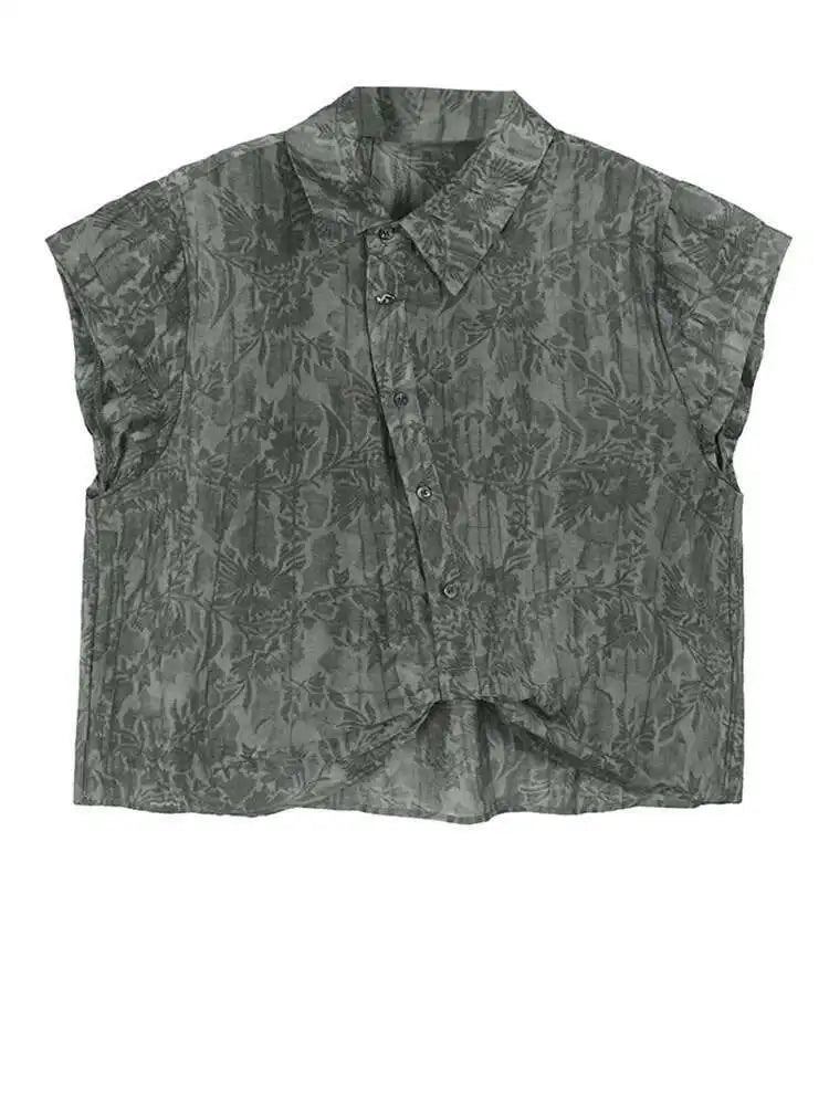 Women Apricot Pleated Irregular Printed Big Size Blouse New Lapel Short Sleeve Shirt Fashion Spring Summer 2025 1DJ0122