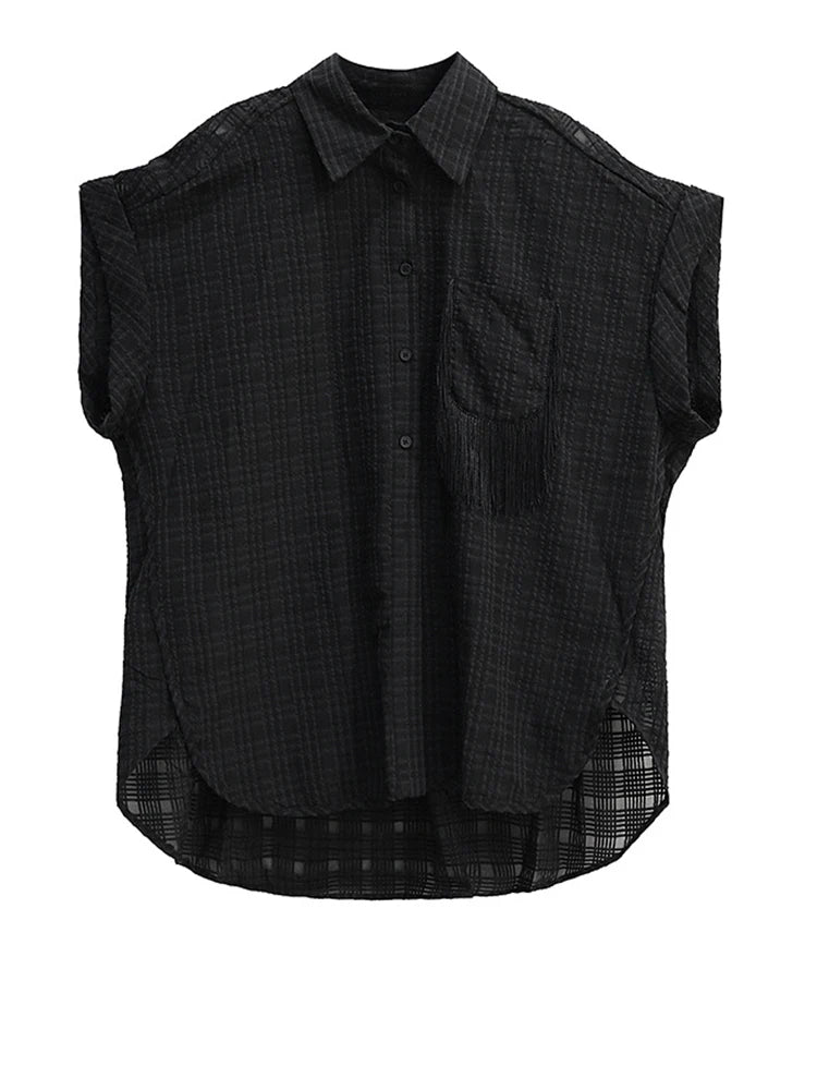 Women White Pocket Tassels Perspective Big Size Blouse New Lapel Short Sleeve Shirt Fashion Spring Summer 2025 1DJ1680