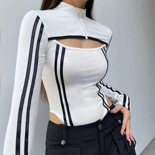 Load image into Gallery viewer, Casual Stripe Stitched Zipper Bodycon Autumn Bodysuit Female Streetwear Moto Style Cut Out Body Stand Collar Rompers
