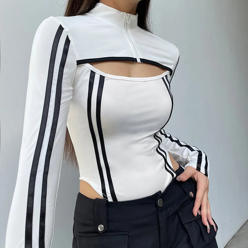Casual Stripe Stitched Zipper Bodycon Autumn Bodysuit Female Streetwear Moto Style Cut Out Body Stand Collar Rompers