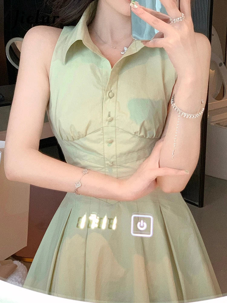 Green Sleeveless Polo Shirt Dresses Summer Solid Color Slim Waist Button Fashion Female Dress Vacation Casual Streetwear