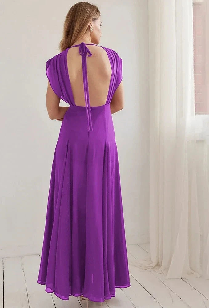 Deep V-neck Sleeveless Backless Split Long Dresses Purple Chiffon Flowy Party Wear Dresses for Women Clothing C92-GZ47