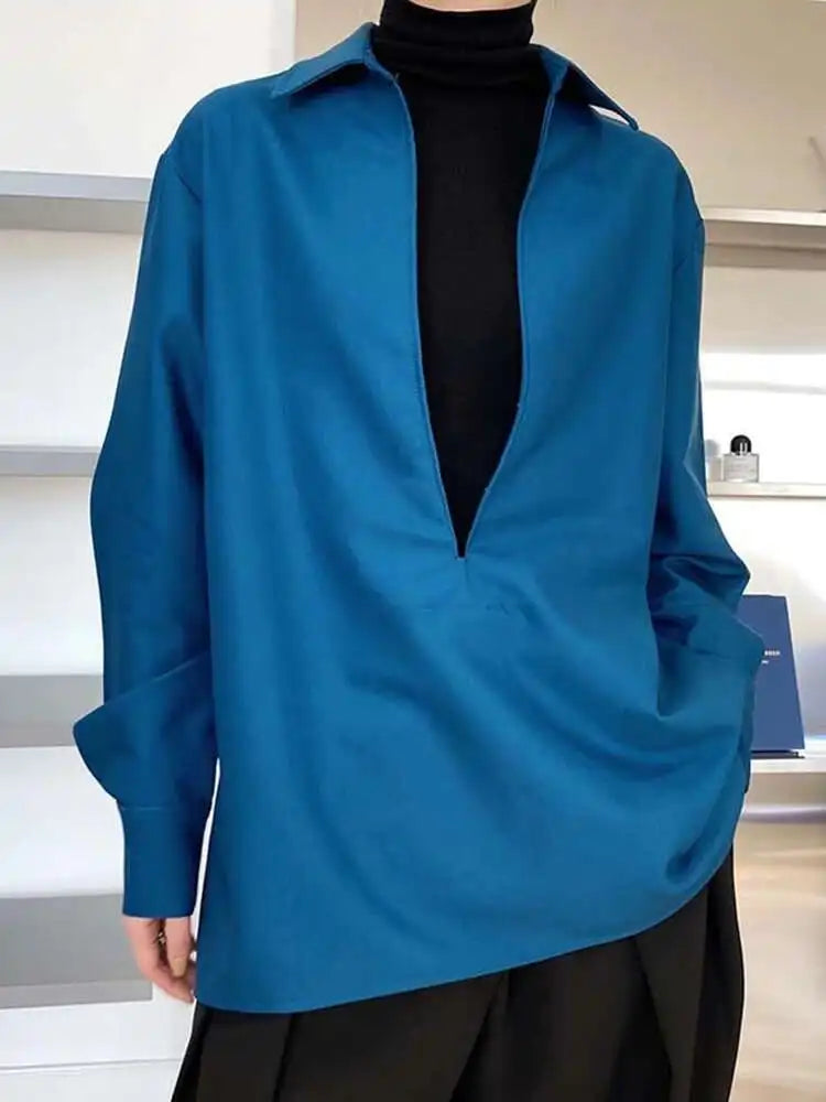 Women White Blue Brief Elegant Big Size Blouse New V-neck Long Sleeve Shirt Fashion Tide Spring Autumn 2025 1DH6648