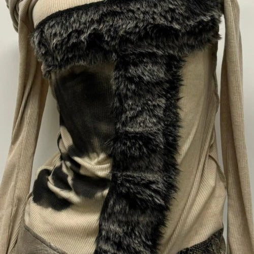 Load image into Gallery viewer, Y2k Aesthetic Off Shoulder Fur Patchwork Sexy T Shirt Harajuku Punk Skull Print Slash Neck Tops Streetwear Fairy Vintage Tees
