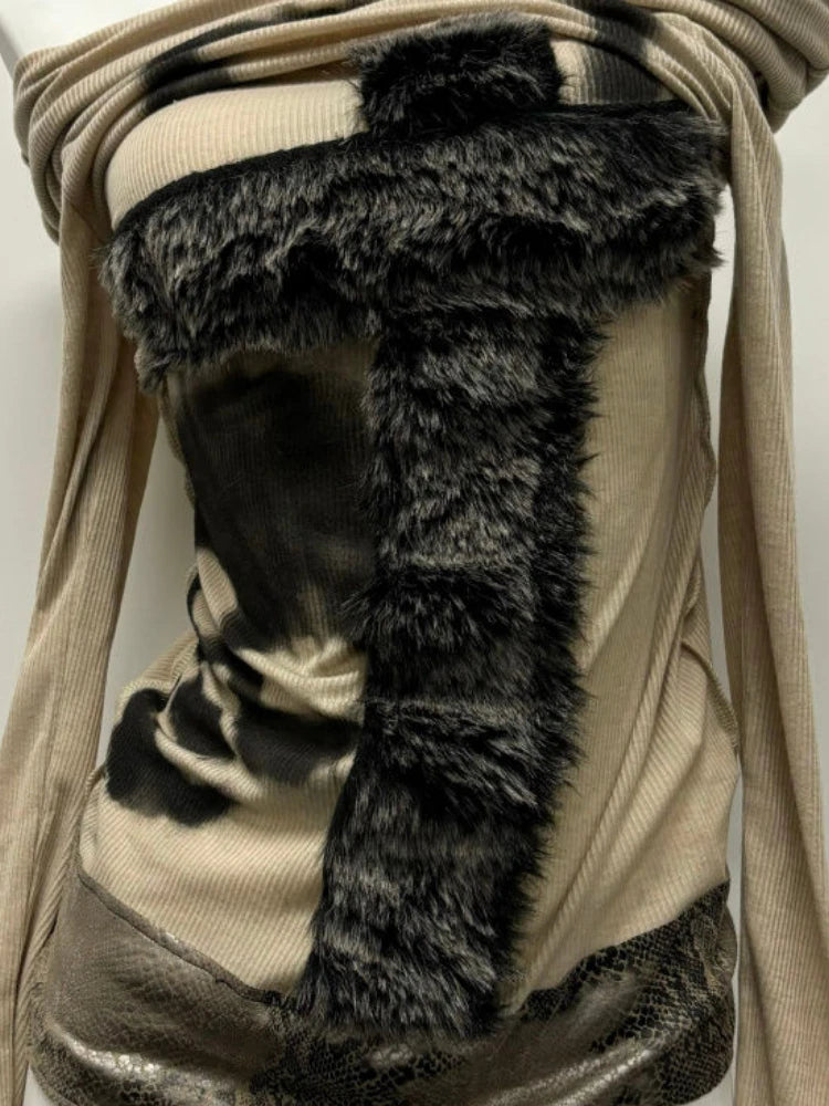 Y2k Aesthetic Off Shoulder Fur Patchwork Sexy T Shirt Harajuku Punk Skull Print Slash Neck Tops Streetwear Fairy Vintage Tees