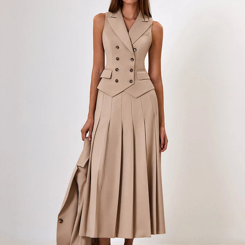 Load image into Gallery viewer, Autumn Two Piece Sets Women Double-breasted Vest And Split Skirt Matching Sets Fashion Long Pleated Skirt Two Piece Set
