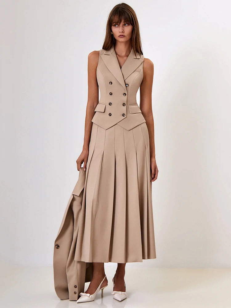 Autumn Two Piece Sets Women Double-breasted Vest And Split Skirt Matching Sets Fashion Long Pleated Skirt Two Piece Set