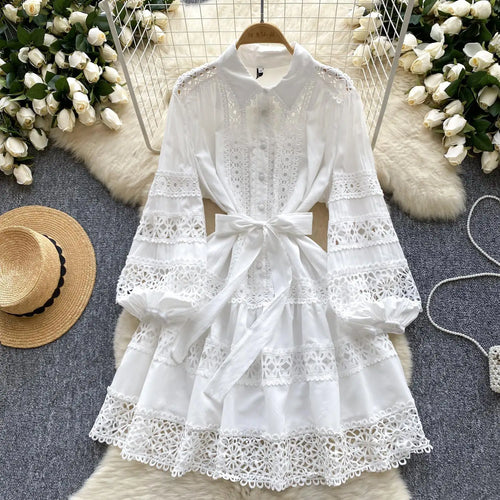 Load image into Gallery viewer, Summer French Black Embroidery Hollow Out Bandage Mini Dress Women White Elegant Single Breasted Lantern Sleeve Party Slim Dress
