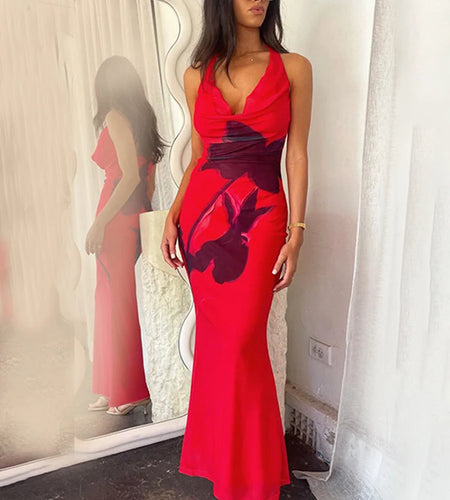 Halter Deep V Neck Printed Maxi Dress For Women Gown Red Off-shoulder Sleeveless Backless Fashion Bodycon Long Dress